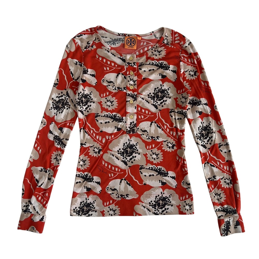 Tory Burch Amy 100% Silk Orange Floral Button Long Sleeve Blouse SZ XS Office
